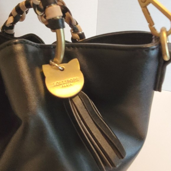 Lollipops Paris Black Bucket Crossbody Bag Cat/Tassel Charm Leopard Lining  9"H - Picture 6 of 12